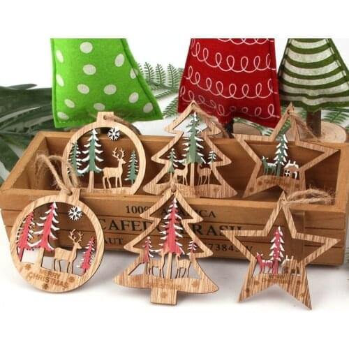 6pcs/set Christmas Wooden Tree Pendants Xmas Decor Red Green Hollow Tree Round Star DIY Pendants for Kids Gift Hanging Ornaments