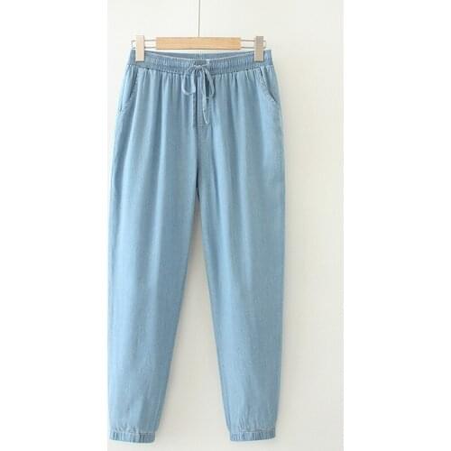 Plus Size XL-5XL Womens Elastic Waist Tencel Jeans Casual Light Denim Simple Vintage Ankle Pants