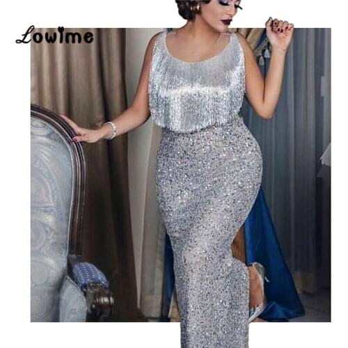 Silver Glitter Beaded Arabic Evening Party Dresses Ankle Length Mermaid Prom Dress Gowns 2018 Custom Made Middle East Women Gown
