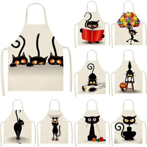 1Pcs Cute Cartoon Cats Kitchen Aprons for Women Cotton Linen Bibs Household Cleaning Pinafore Home Cooking Apron 53*65cm WQ0026