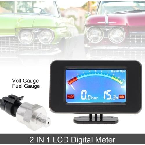 2 In1 12V-24V Universal Black Car Gauge LCD Digital Volt Gauge+Oil Fuel Gauge with Sensor for Car Auto Truck Vehicle Motorcycle