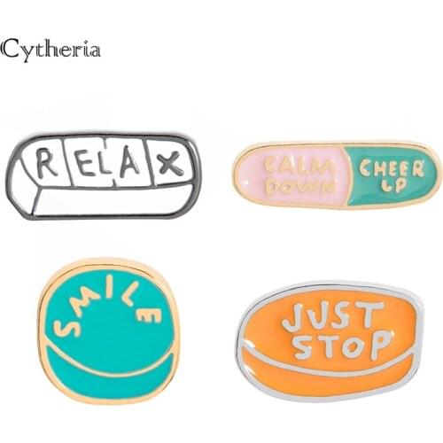 Fashion Relax Smile Just stop Brooch Round capsule shaped For Women Girls Geometric Pin Badge Jewelry Birthday Gifts
