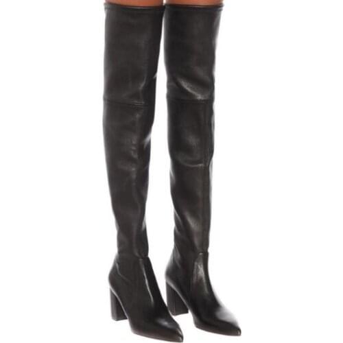 Dipsloot Woman Fashion Beige Black Over The Knee Boots Lady 80 mm Chunky Heels Pointed Toe Slim Long Boots Plus Size 48