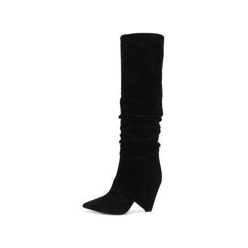 2021 Women Faux Leather Over The Knee High Boots Wedge Pointed Toe CowGirl Long Hoof Heels Boots Ladies Winter Heeled Shoes