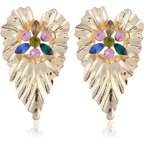 Vintage Crystal Leaf Stud Earring For Woman 2018 New Bohemian Gold Color Earrings Fashion Jewelry Statement Accessories