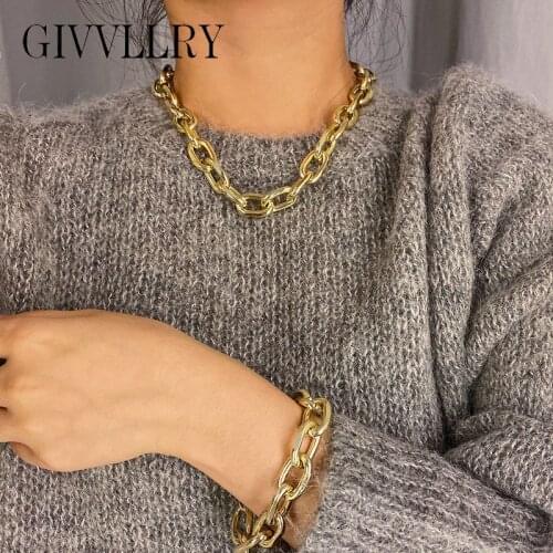 Punk Geometric Chunky Chain Necklace Bracelets for Women Hip Hop Rock Gold Thick Chain Collar Choker Statement Jewelry Set