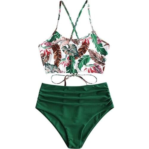 Womens Swimwear Sunflower Leaf Print Adjustable Criss Cross Straps Lace Up Ruched High Waisted Tankini Set Two Piece Swimsuit