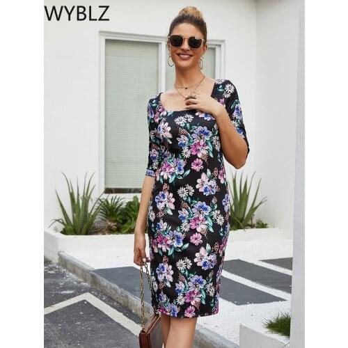WYBLZ Women Summer Dress Women 2021 Floral Print Sexy O-Neck Short Sleeve Bodycon Dress Slim Elastic Boho Party Dresses Vestidos