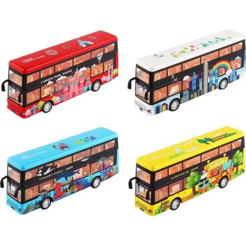 1:50 Scale Double Travel Bus Pull Back Vehicle Car with Lights Sound for Toddler Kids Boys Girls Toy