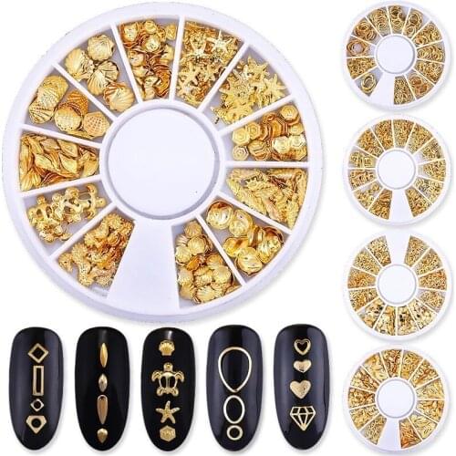 1box Mixed Style 3D Golden Metal Rivet Nail Art Round Heart Shaped Decorative Nail Sticker Manicure DIY Accessories on Wheels