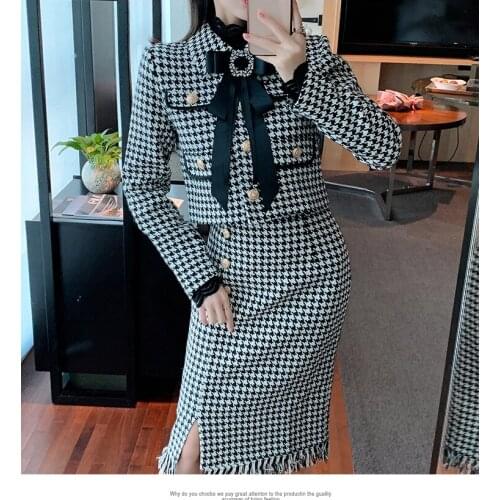 2020 New womens houndstooth plaid grid pattern rhinestone bow collar tweed woolen short coat and knee length pencil skirt set