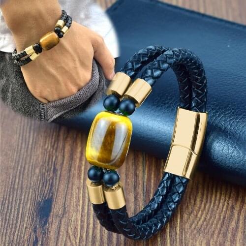 2021 Natural Round Stone Bracelet for Men Genuine Leather Charm Bracelets Stainless Steel Jewelry Mens Stone Beads Pulseras Gift