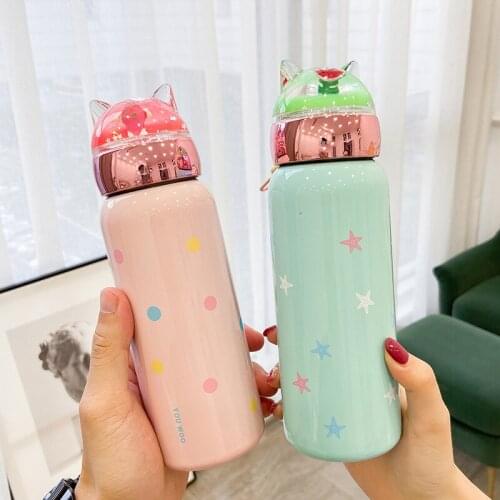 350ml Macaron Color Drifting Fruit Cat Double Wall Thermos Water Bottle Stainless Steel Vacuum Flasks Creative Travel cute Mug