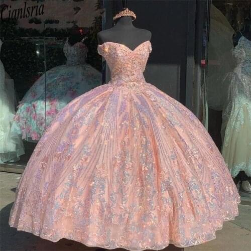 Sparkly Pink Sweet 16 Ball Gown Quinceañera Dresses Beaded Sequins Sleeveless Prom Party Dress Vestido De 15 Anos Quinceanera