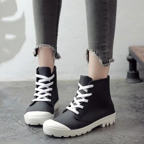 Women Rainboots Lace-UP Waterproof Girls Ankle Boots PVC Anti-Slip Spring Autumn Rain Shoes Woman Fashion waterproof Shoes