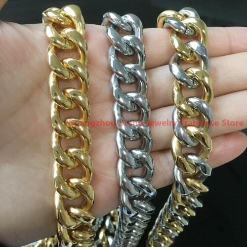 HEAVY Jewelry 316L Stainless Steel 7-40" 15MM Cool Mens Silver Gold color Single Curb Cuban Link Chain Necklace