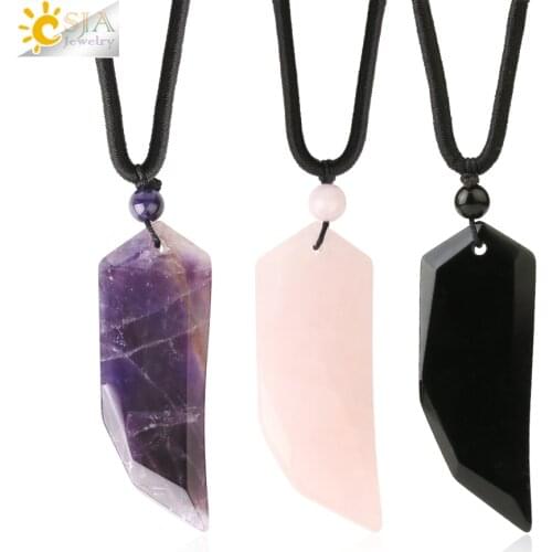 CSJA Natural Stone Crystal Necklace Knife Semi Precious Pendant Tiger Eye Howlite Pink Quartz Obsidian Mens Necklaces Rope G709