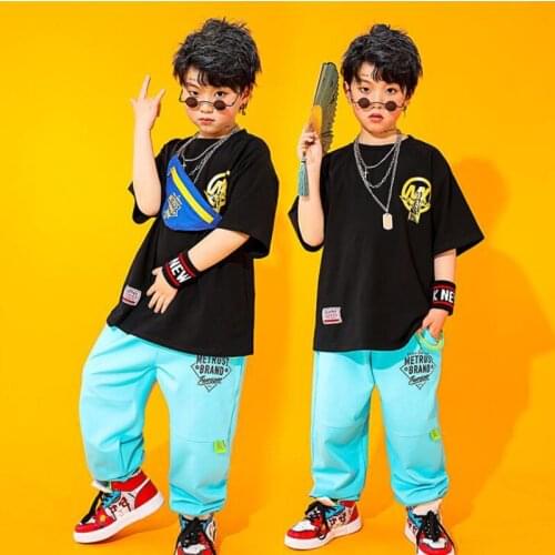 Kids Cool Hip Hop Dancing Outfits Street wear Black Tshirt Pants For Singers Girls Boys Show Jazz Dancing Costumes Clothing
