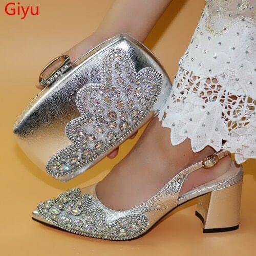 Doershow Nice Looking African Women Matching Italian Shoe and Bag Set silver Italian Shoe with Matching Bag for Wedding HLO1-18