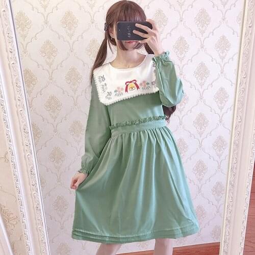 Kawaii girl gothic lolita op princess loli cosplay Japanese sweet lolita dress sweet embroidery falbala waist victorian dress