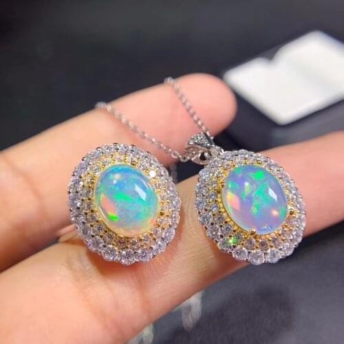 8x10mm size natural Opal ring and necklace jewelry set for women real 925 silver supply test certificate party gift fireworks