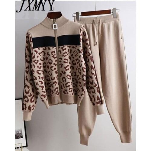 Tracksuit Women Leopard Knit Zip Cardigan Tops+Pants Suit 2PCS Sets Long Sleeve Jacket Coat Woman Casual Sweater Trousers Suits