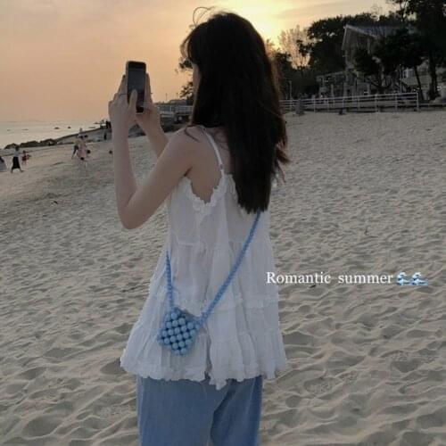 White Pleated Design Sense Camisole Ladies Wear Summer New Loose and Light All-match Blouse Tank Top Women