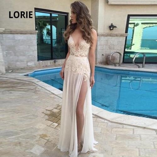 LORIE New Elegant Lace Appliqued Beach Wedding Dresses Sexy V-neck Sleeveless Open Back Chiffon Boho Bridal Gowns Cheap Simple