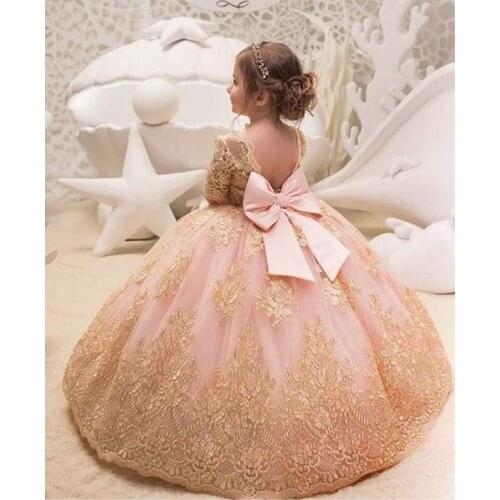 Long Sleeve Illusion Puffy Lace Lovely Wholesale Flower Girl Dress