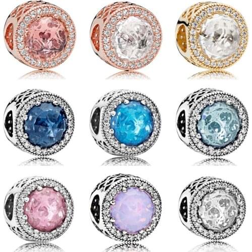 QANDOCCI Openwork Multicolor Radiant Hearts With Crystal Button Charms Fit Pandora Bracelet 925 Sterling Silver Bead Jewelry