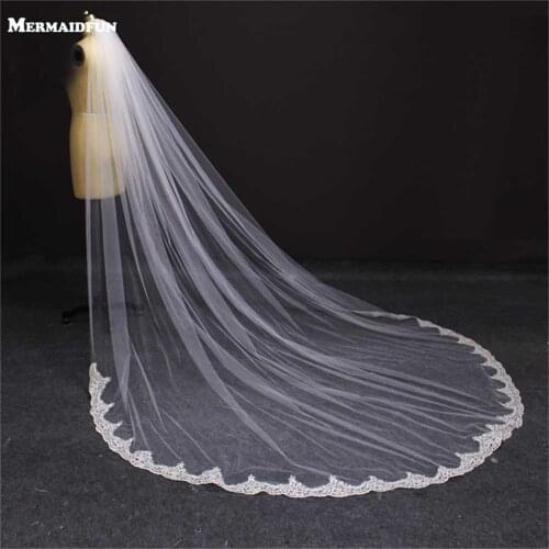 Real Photos 3 Meters Partial Laced White Ivory Wedding Veil WITH Comb Beautiful Bridal Veil Wedding Accessories