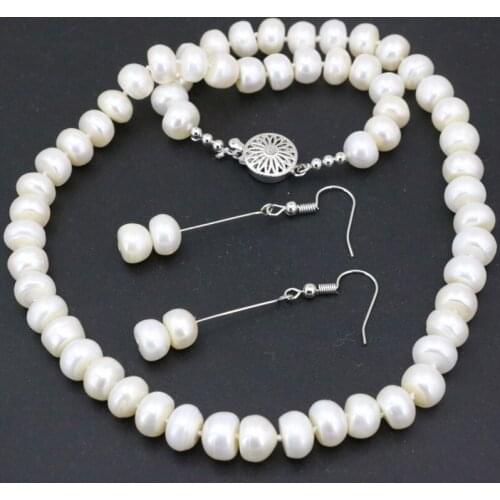 White pearl jewelry set for women beads 9-10mm necklace earrings natural freshwater pearls weddings party gifts jewels 18" B3453