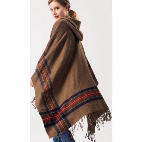 TEELYNN Fringed Stripe Jacquard Knit hooded cloak Women Shawl Cape Cardigan Winter Warm Vintage Scarves Ponchos Scarf Outwear