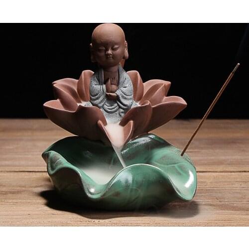 Home Decoration The Little Monk Lotus Flower Censer Bullet Blackflow Incense Cones Or Incense Stick Burner Smoke Ceramic Censer