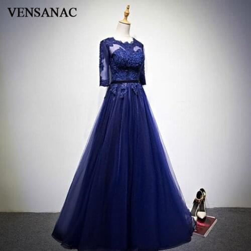 VENSANAC 2018 A Line Lace O Neck Appliques Long Evening Dresses Vintage Party Half Sleeve Sash Tulle Prom Gowns