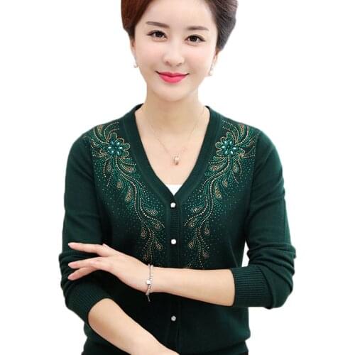High Quality Womens Sweaters 2020 Spring Autumn New V-neck Long-sleeved Cardigans Middle Aged Mother Diamond Knitwear W2145