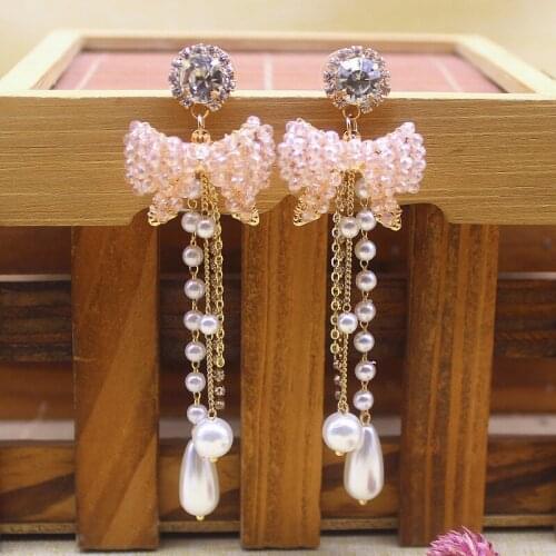 Zerong Ejewelry pink crystla earring dangling pearl earring for women jewelry accoessories gold plated lady earring