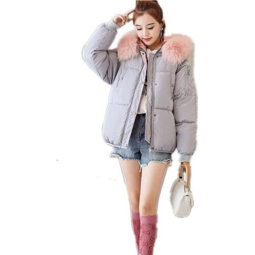 2018 New Fashion Print Letter Winter Jacket Women Short Hooded Fur Collar Down Cotton Jacket Female Padded Loose Warm JacketQ506