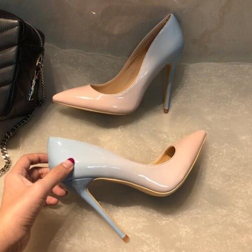 Free shipping fashion women Designer Brand New Gradient Color patent point toe high heels pumps shoes Stiletto 33-43cm 12cm