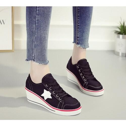Big size New 2018 women Platform Hidden Wedge shoes ladys Canvas pumps Lace-up shoes fashion women casual high heel shoes MA-02