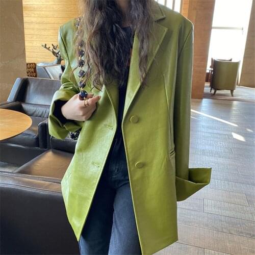 High Street Women Pu Leather Suit Jacket Korean Long Sleeve Punk Plus Size Loose Ladies Green Blazers Leather Coat Female H1369