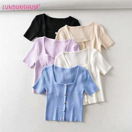 LUNDUNSHIJIA New Spring Women Square Collar Short Sleeve Cardigans Chic Pearl Buttons Ladies Knitting Slim Crop Tops