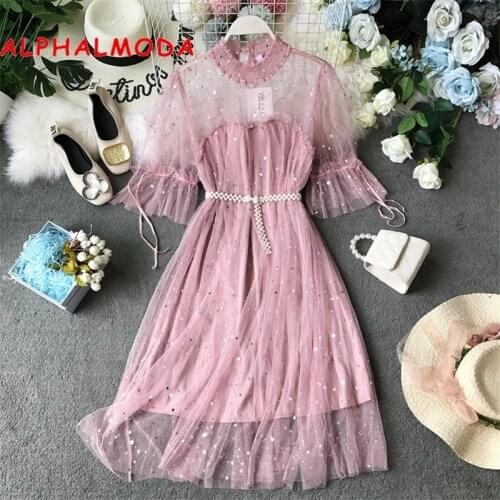 ALPHALMODA 2019 Summer Womens New Fairy Dress Beaded Sashes Perspective Sparkling Sweet Ladies Lace Dress Vestidos