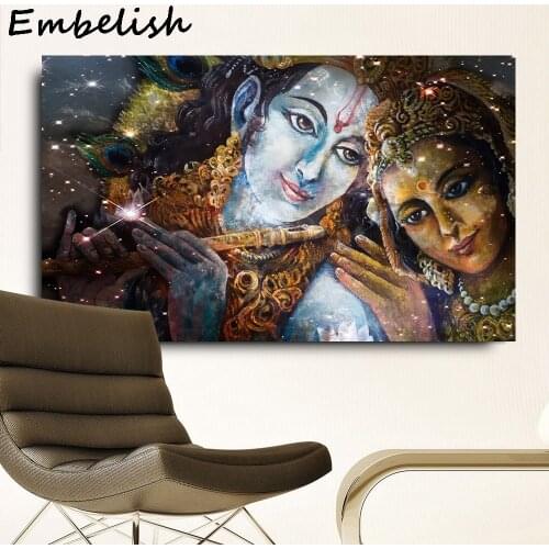 1 Pieces Large Size Krishna And Radha Buddha HD Canvas Oil Paintings For Living Room Wall Art Pictures Living Room Framed Poster