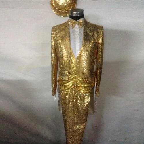 2018 New Arrival Mens Black Sequin Red Men Suit magician Stage Tuxedo Prom Bar singer Pant Sequin Ternos custom size for Suits