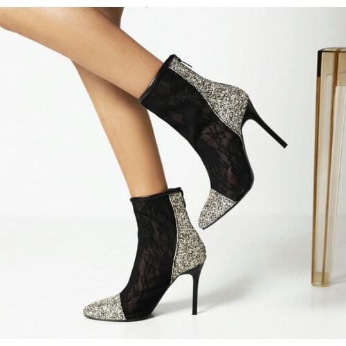 Pointed Toe Women Boots Fashion Super High Heels Shoes for Party Nightclub Lace Leather Fashion Back Zipper Summer Boots Heels