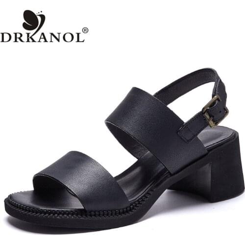 DRKANOL 2021 Handmade Women Sandals Summer Open Toe High Heel Sandals Genuine Leather Metal Buckle Thick Heel Casual Sandals