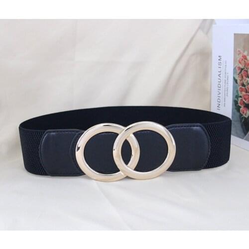 Pu Leather Elastic Wide Belts For Women Gold Double Circle Buckle Stretch Waistbands For Dress Fashion Woman Cummerbunds Ремен