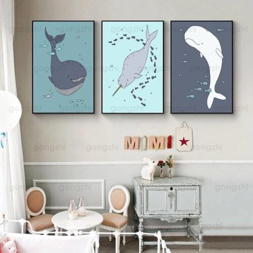 Cartoon Canvas Painting Whale Narwhal Ocean Childrens Bedroom Kindergarten Study Room Wall Art Decoration Hd Printed Poster
