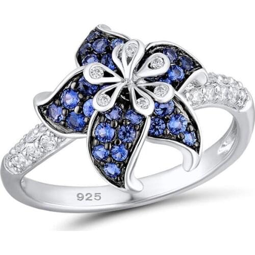 Authentic Silver Color Blue Star Flower White CZ Ring For Women Wedding Engagement Fashion Party Jewelry Gifts Wholesale